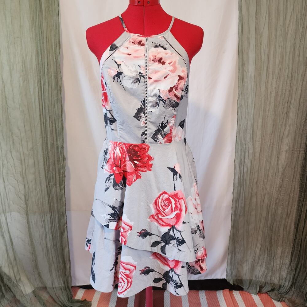 Speechless Gray Floral Halter Summer Knee Length Spaghetti Strap Dress Size 11